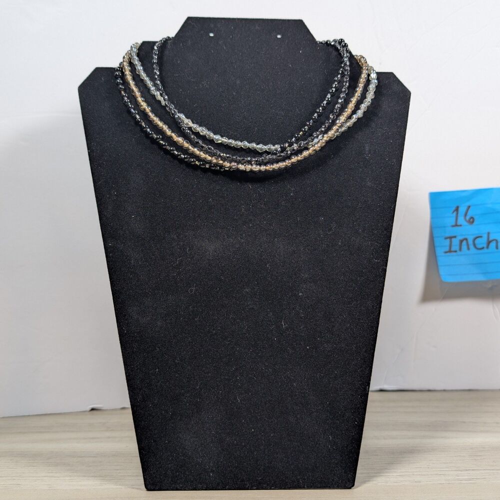 16" Multi Strand Glass Bead Necklace Black Gray Champagne Tones